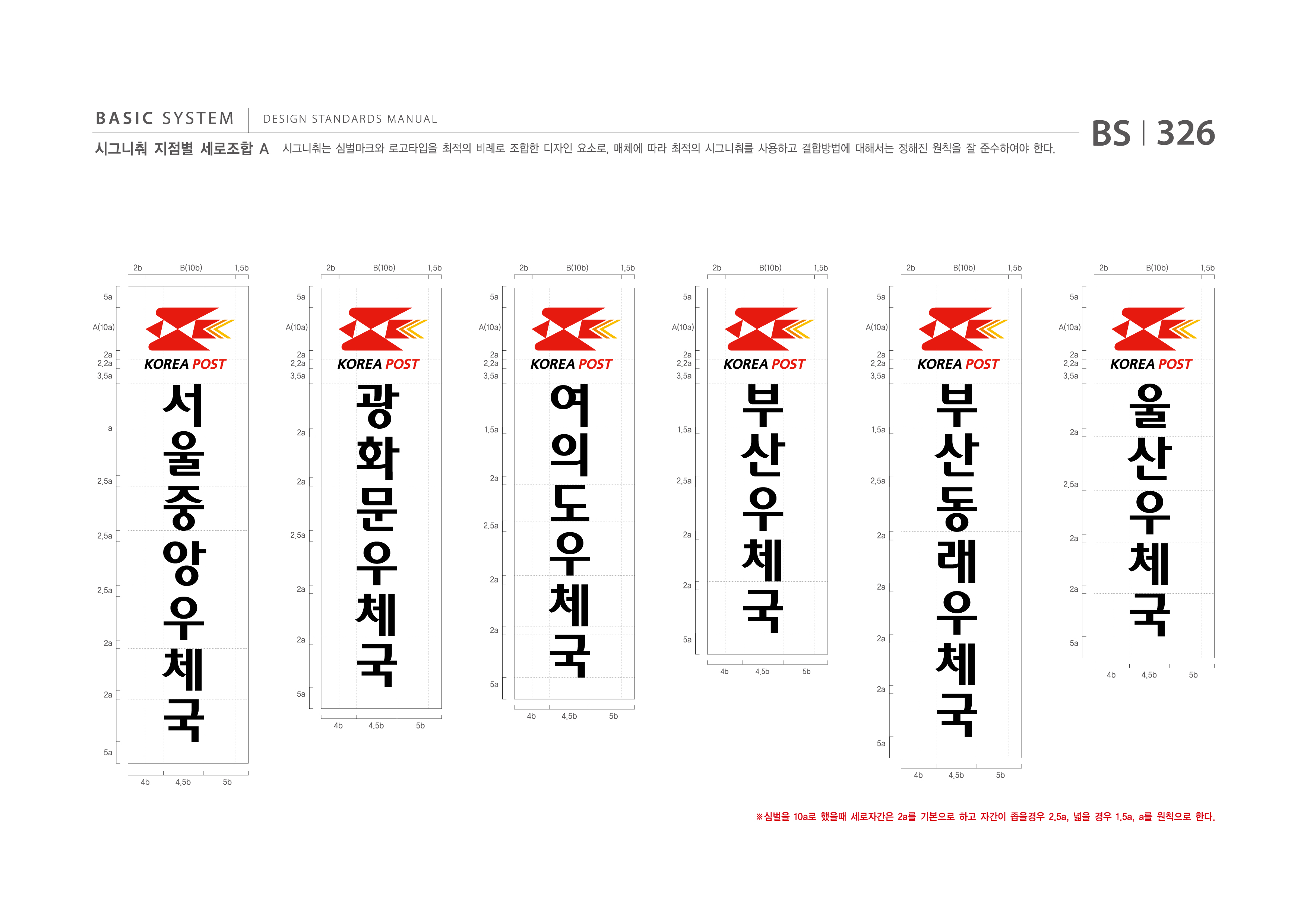 BASIC SYSTEM  DESIGN STANDARDS MANUAL  시그니춰 지점별 세로조합 A  시그니춰는 심벌마크와 로고타입을 최적의 비례로 조합한 디자인 요소로, 매체에 따라 최적의 시그니춰를 사용하고 결합방법에 대해서는 정해진 원칙을 잘 준수하여야 한다.  BS I 326  2b 5a A(10a) 2a 2.2a 3.5a  B(10b)  1.5b 5a A(10a)  2b  B(10b)  1.5b 5a A(10a)  2b  B(10b)  1.5b 5a A(10a)  2b  B(10b)  1.5b 5a A(10a)  2b  B(10b)  1.5b 5a A(10a)  2b  B(10b)  1.5b  서 울 중 앙 우 체  2a 2.2a 3.5a  광 화 문 우 체  2a 2.2a 3.5a  여 의 도 우 체  2a 2.2a 3.5a  부 산 우 체  2a 2.2a 3.5a  부 산 동 래 우 체  2a 2.2a 3.5a  울 산 우 체  a  2a  1.5a  1.5a  1.5a  2a  2.5a  2a  2a  2.5a  2.5a  2.5a  2.5a  2.5a  2.5a  2a  2a  2.5a  2a  2a  2a  2a  2a  국 4b 4.5b 5b  국 4b 4.5b 5b  2a  국 4b 4.5b 5b  2a  국 4b 4.5b 5b  2a  2a  2a  국 4b 4.5b 5b  5a  2a  5a  5a  2a  국 4b 4.5b 5b  5a  5a  5a  ※심벌을 10a로 했을때 세로자간은 2a를 기본으로 하고 자간이 좁을경우 2.5a, 넓을 경우 1.5a, a를 원칙으로 한다.